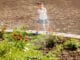 Mädchen gießt Blumen mit Brunnenwasser
